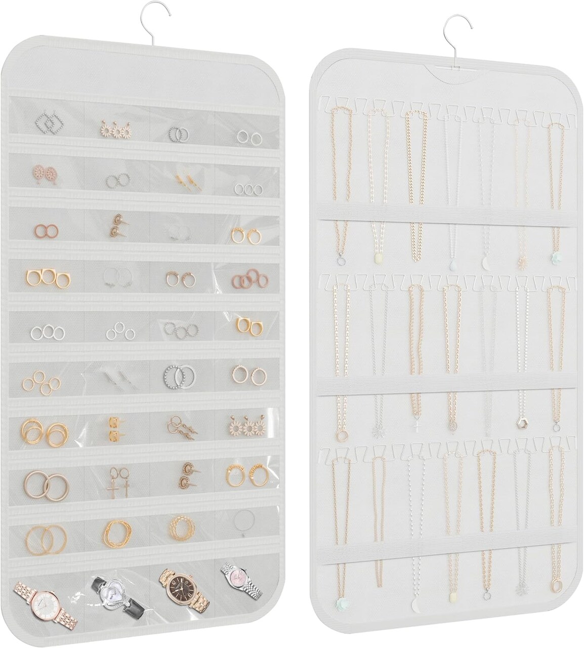 Double-Sided Hanging Jewelry Organizer – 40 Pockets & 36 Hooks for Necklaces, Earrings, Bracelets, and Rings (White)
